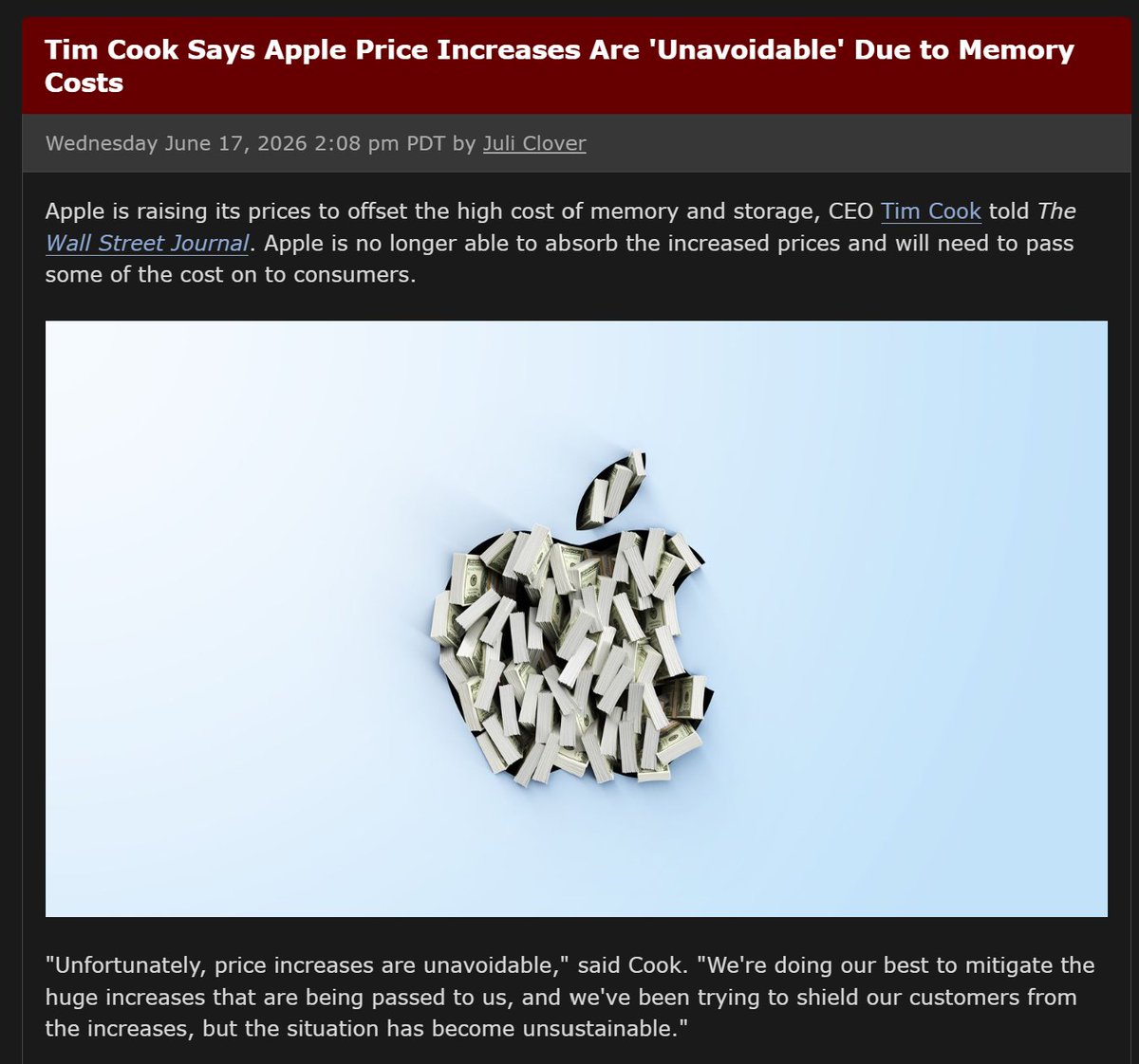 beebomco's tweet photo. Apple says a price hike is coming!

RAM and storage costs have increased significantly, and Apple has confirmed that those higher component costs will eventually be passed on to its customers. So if you're planning an Apple purchase, now might be the right time. 

Are you going to buy now or wait for 2 years for the crisis to settle?
