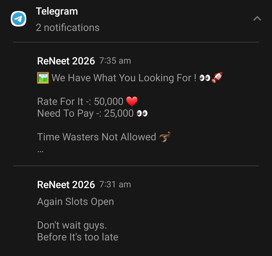 adithya3907's tweet photo. Today morning, I recieved this notification from Telegram. Is this a exam leak again?

I don't use VPN.
I don't even belong to this group.
(Attached image is the screenshot of notification history)

@NTA_Exams Kindly look into it! https://t.co/mzbgVjR2K4