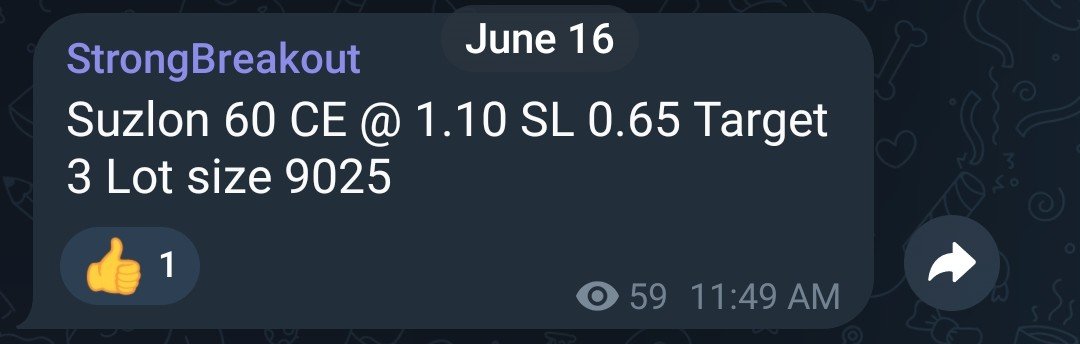 StrongBreakOut's tweet photo. #Suzlon 60 CE 
From 1.10 to 1.73
Profit per lot Around 5500 

More trade join free telegram 
#nifty #finnifty #sensex #banknifty #stocks #stockmarketindia #breakout #intraday #investing #optionstrading https://t.co/IJVKoKGbrM
