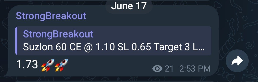 StrongBreakOut's tweet photo. #Suzlon 60 CE 
From 1.10 to 1.73
Profit per lot Around 5500 

More trade join free telegram 
#nifty #finnifty #sensex #banknifty #stocks #stockmarketindia #breakout #intraday #investing #optionstrading https://t.co/IJVKoKGbrM