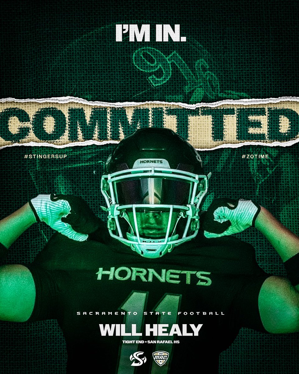 WillHealy2027's tweet photo. I am incredibly excited to announce my commitment to Sacramento State University. Thank you to the staff and my family for supporting me. #Greeneline #ZoTime #Big🐝⬆️☝️@RealCoachCarter @SacHornetsFB @CoachKeyz @CoachConley66 @CoachO60 @AydenMeyer1 https://t.co/SQedRjtv0c