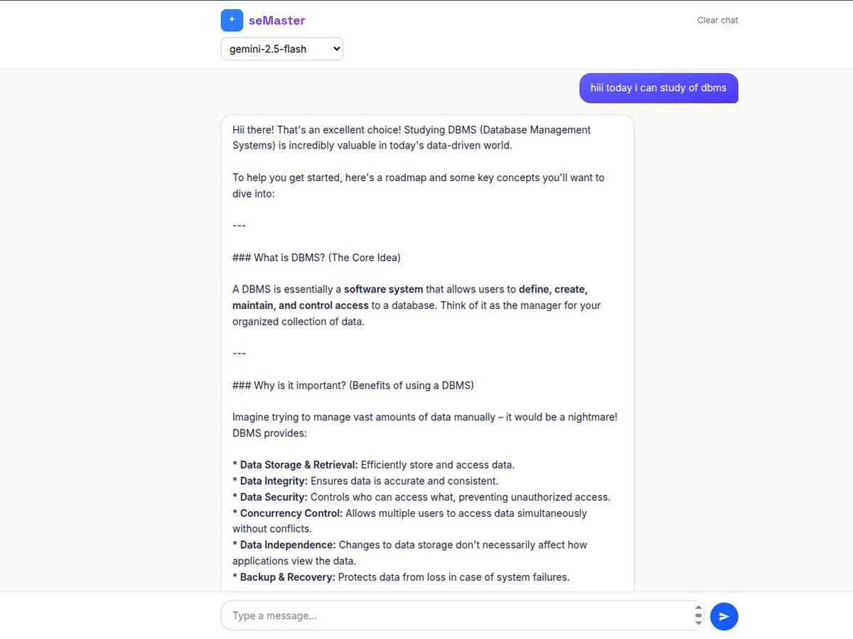 vickey4t's tweet photo. While building my semester project, I realized one thing:
Users don't want to search through pages of documentation just to find a simple answer.

So I built an AI chatbot for my platform.

Using the Gemini API, 

#AI #Chatbot #WebDevelopment #FrontendDevelopment #GeminiAPI https://t.co/bPzGKrLakV