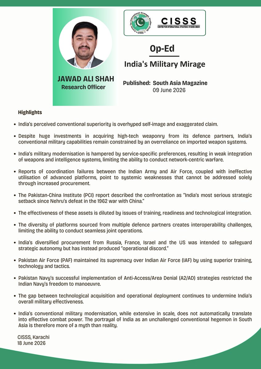 CISSS_Karachi's tweet photo. CISSS Publication | South Asia Magazine 

Op-Ed | India's Military Mirage

Author: Research Officer Jawad Ali Shah

Link ⬇️

https://t.co/28qLO5WuuK https://t.co/80oMshiH0k