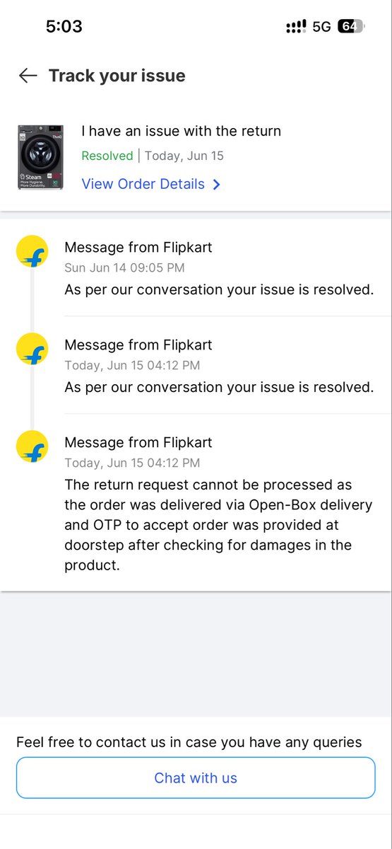 iamjyrj's tweet photo. 🚨🚨@flipkartsupport scamkart is still taking time to deliver proper resolution and return the damaged washing machine @LGIndia @ConsumerReports @jagograhakjago mentally harrased by flipkart team. They provided 3 different resolution. First approved return and then reject 3 time https://t.co/VjdQwA6EzJ