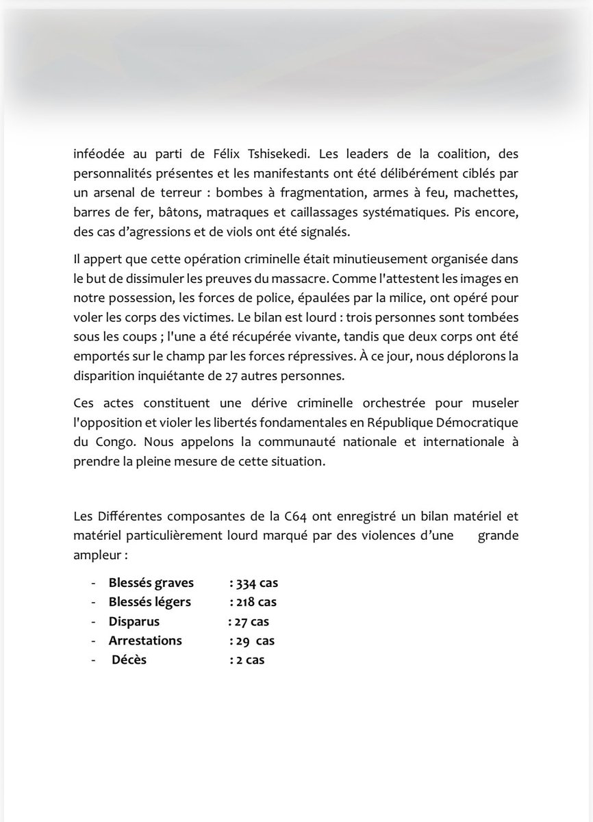 afrikarabia's tweet photo. #RDC La coalition #C64 dresse un bilan de la #répression du sit-in du 12 juin :
▶️ 2 morts
▶️ 334 blessés graves
▶️ 218 blessés légers
▶️ 27 disparus
▶️ 29 arrestations https://t.co/I1rZR4ykKj