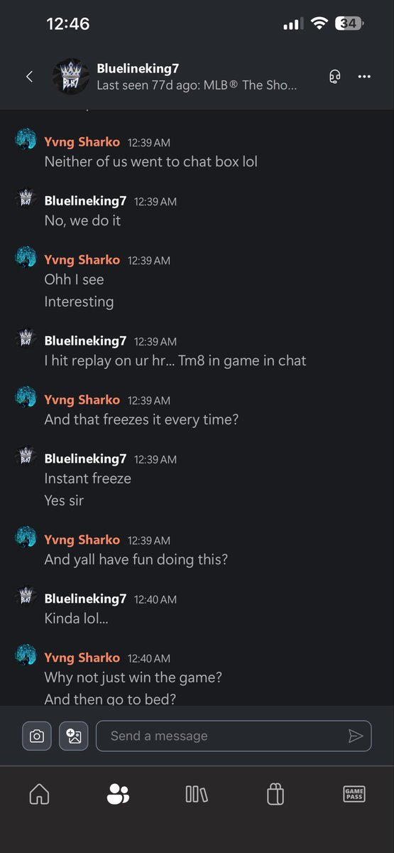 coby_hann's tweet photo. @SonySanDiego @YourFriendKyle_ this is who yall let play your game and get away with this shit every night? Wow up 9-0 in the fifth and they freeze the game to make us quit and then told me exactly how they exploit the game every night so people have to quit. Gg’s SDS https://t.co/j890WDokdM
