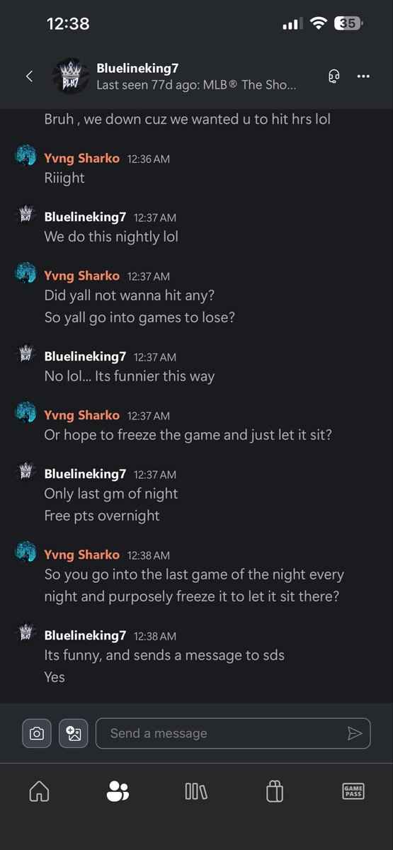 coby_hann's tweet photo. @SonySanDiego @YourFriendKyle_ this is who yall let play your game and get away with this shit every night? Wow up 9-0 in the fifth and they freeze the game to make us quit and then told me exactly how they exploit the game every night so people have to quit. Gg’s SDS https://t.co/j890WDokdM