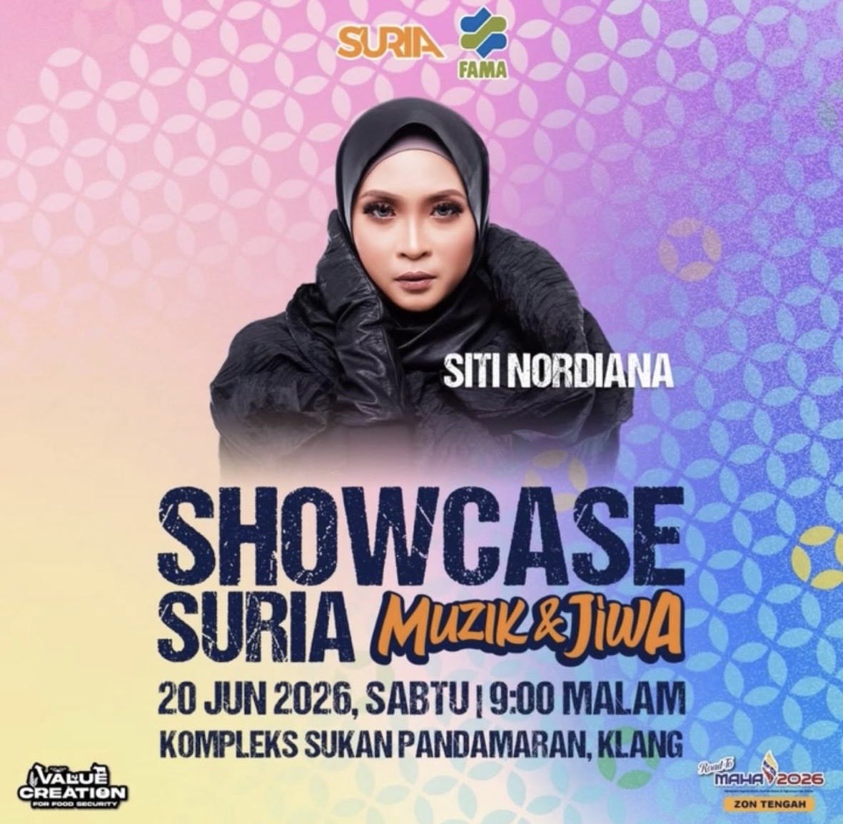 Sitinordianafc's tweet photo. 🎶✨ Showcase Suria: 
Muzik &amp; Jiwa ✨🎶

Malam istimewa yang bakal menggabungkan muzik, emosi dan jiwa dalam satu pentas yang penuh magis 💫

Bersama bintang utama, 
Siti Nordiana ⭐ 

📍 Kompleks Sukan Pandamaran, Klang
📅 20 Jun 2026 (Sabtu)
🕘 9.00 malam https://t.co/yEhxeDsvwr