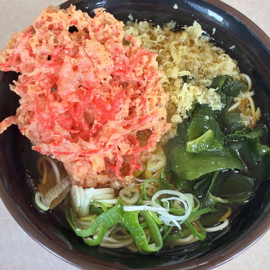 misodaru's tweet photo. 町屋駅の八起でたぬきそば480円+紅生姜天150円。見た目とは違って柔らかく甘旨のつゆに細目の白いそば、おいしいですね。紅ショも塩梅良く仕上がって天ぷら上手、他のタネも味わってみたくなった。 https://t.co/z6N9a5imD6