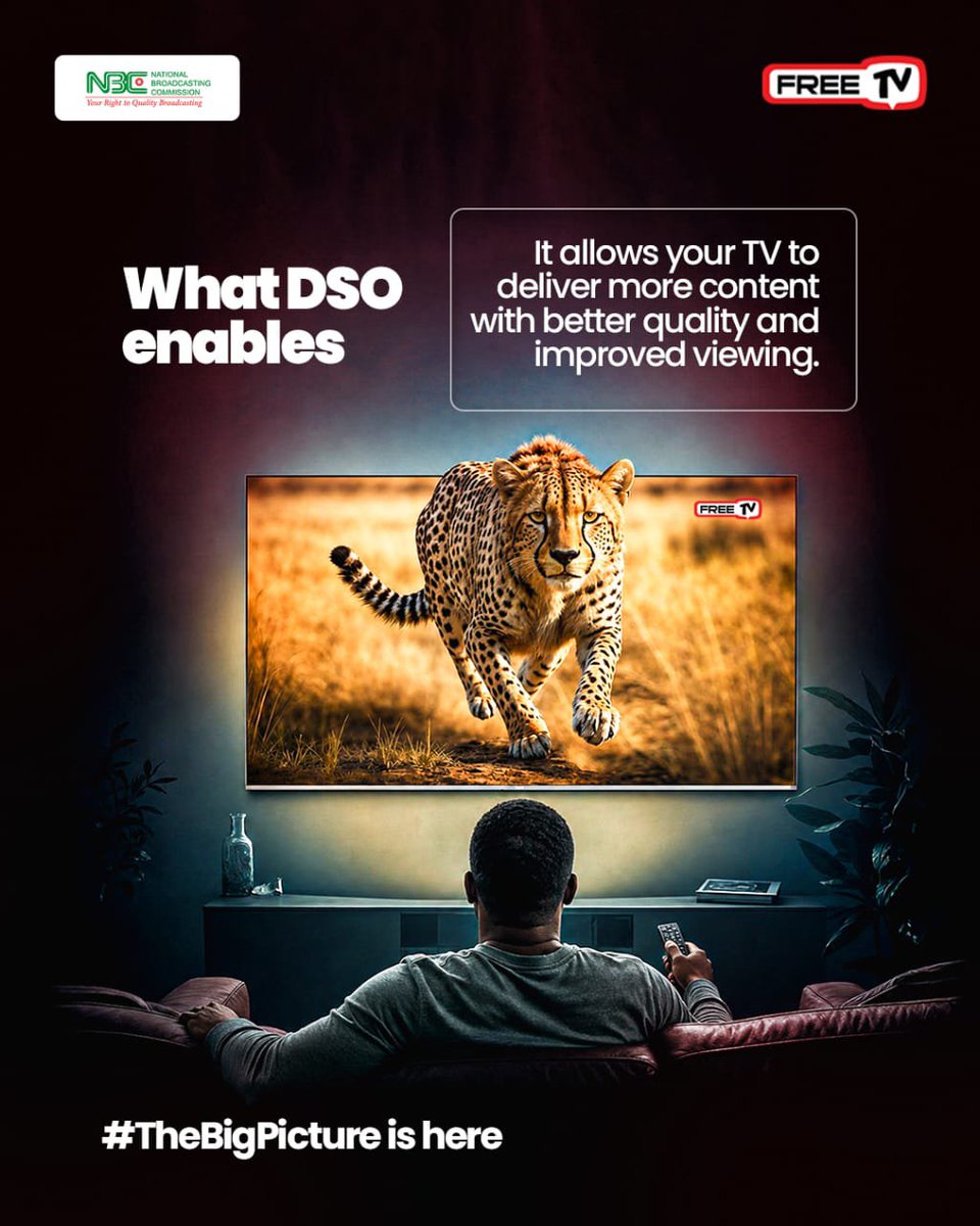 FreeTVNg's tweet photo. DSO is live but how does it change the game?
It delivers clearer visuals, richer content, and a smoother viewing experience right on your TV all for free.
Now this is a shift you have to be a part of.
#TheBigPictureIsHere
#freetvdso #freetvdecoder #freetvnigeria #freetv https://t.co/clfua08oau