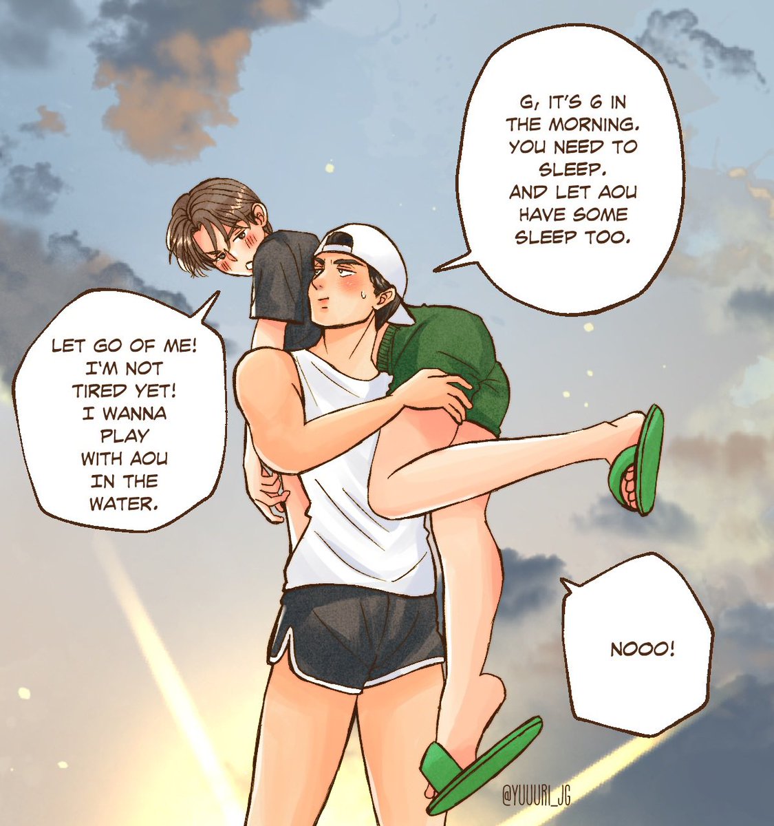 yuuuri_JG's tweet photo. When Joss went on his morning run, he found his cat still playing with his friends on the beach 🏖️🐈

Aou: P‘Joss, please take Meow Yai back to your room

#JossGawin #จอสกวิน #GMMTVOuting2026 https://t.co/fl79Rfm5S2