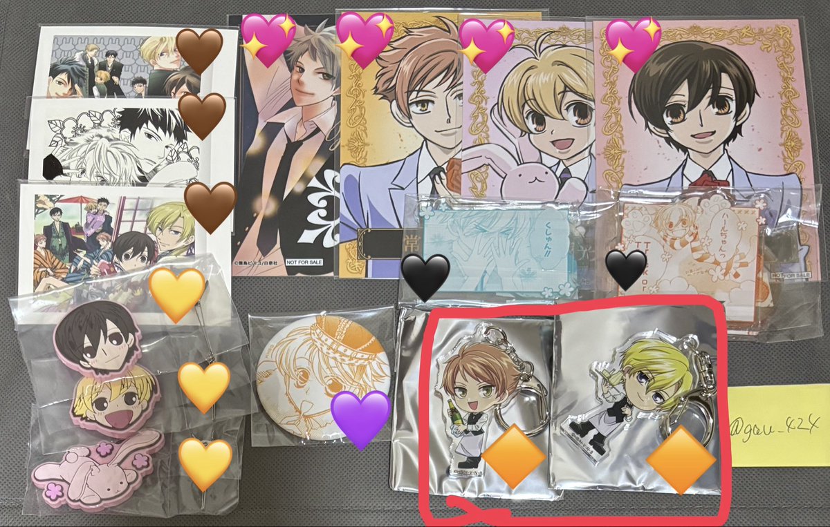 gau_424's tweet photo. 【譲渡 買取】 プロセカ 忍たま アクスタ 缶バッジ カード ウエハース 桜蘭高校ホスト部 特典 ぱしゃこれ ガチャガチャ

求)
🤎 各90円
💖 各100円
💛 各300円
💜 各400円
🔶 各700円
🖤 各800円　(+送料)

赤線で囲まれてるものは他に複数点お選びください。 https://t.co/noww2Mvh0Z