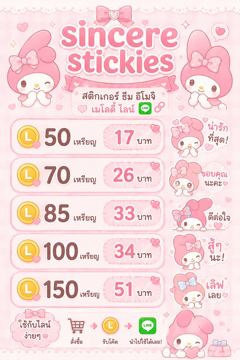 Pyppt1's tweet photo. 🌷🎀 sincere stickies 🎀🌷
เติมความน่ารักให้แชทด้วยสติกเกอร์ ธีม อิโมจิ และเมโลดี้ไลน์สุดคิ้วท์ 💖
ราคาสบายกระเป๋า เริ่มต้นเพียง 17 บาท ✨
ส่งไว ใช้งานได้จริง พร้อมดูแลทุกออเดอร์ค่า 🫶🏻💗

🌸 50 เหรียญ 17 บาท
🌸 70 เหรียญ 26 บาท
🌸 85 เหรียญ 33 บาท
🌸 100 เหรียญ 34 บาท
🌸 150 เหรียญ 51 บาท

💌 สนใจทักแชทได้เลยน้าา~
น่ารักแบบนี้ พลาดไม่ได้แล้ว 🐰🎀💕

#sincerestickies
#สติกเกอร์ไลน์
#LINESticker
#เมโลดี้ไลน์
#อิโมจิไลน์
#ธีมไลน์
#ขายสติกเกอร์ไลน์
#รับเติมเหรียญไลน์
#LINECoins
#สติกเกอร์น่ารัก
#MyMelody
#Kuromi
#Sanrio
#ร้านเติมเหรียญไลน์
#ของมันต้องมี
#สายคิ้วท์
#น่ารักบอกต่อ
#ร้านดีบอกต่อ
#ราคาน่ารัก
#พร้อมส่งไว 💗✨