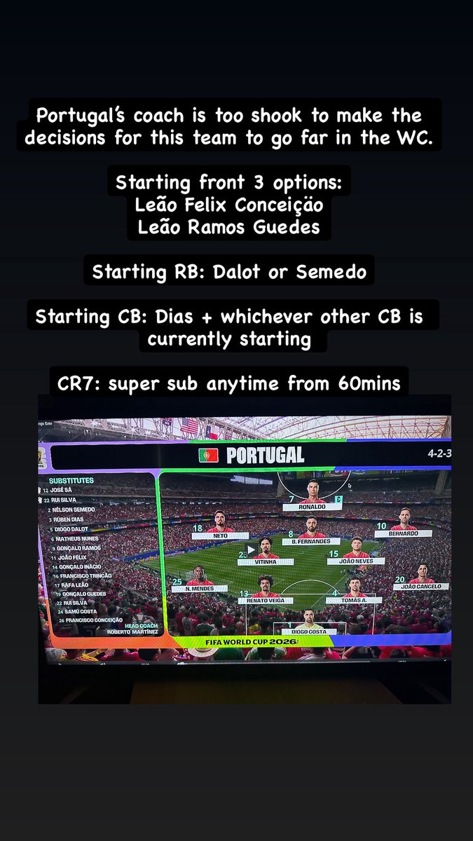 itshalomusic's tweet photo. Portugal’s coach is too shook to make the decisions for this team to go far in the WC.
Starting front 3 options:
Leão Felix Conceiçäo
Leão Ramos Guedes

Starting RB: Dalot or Semedo

Starting CB: Dias + whichever other CB is currently starting 

CR7: super sub anytime from 60min https://t.co/aWviBWvvAt