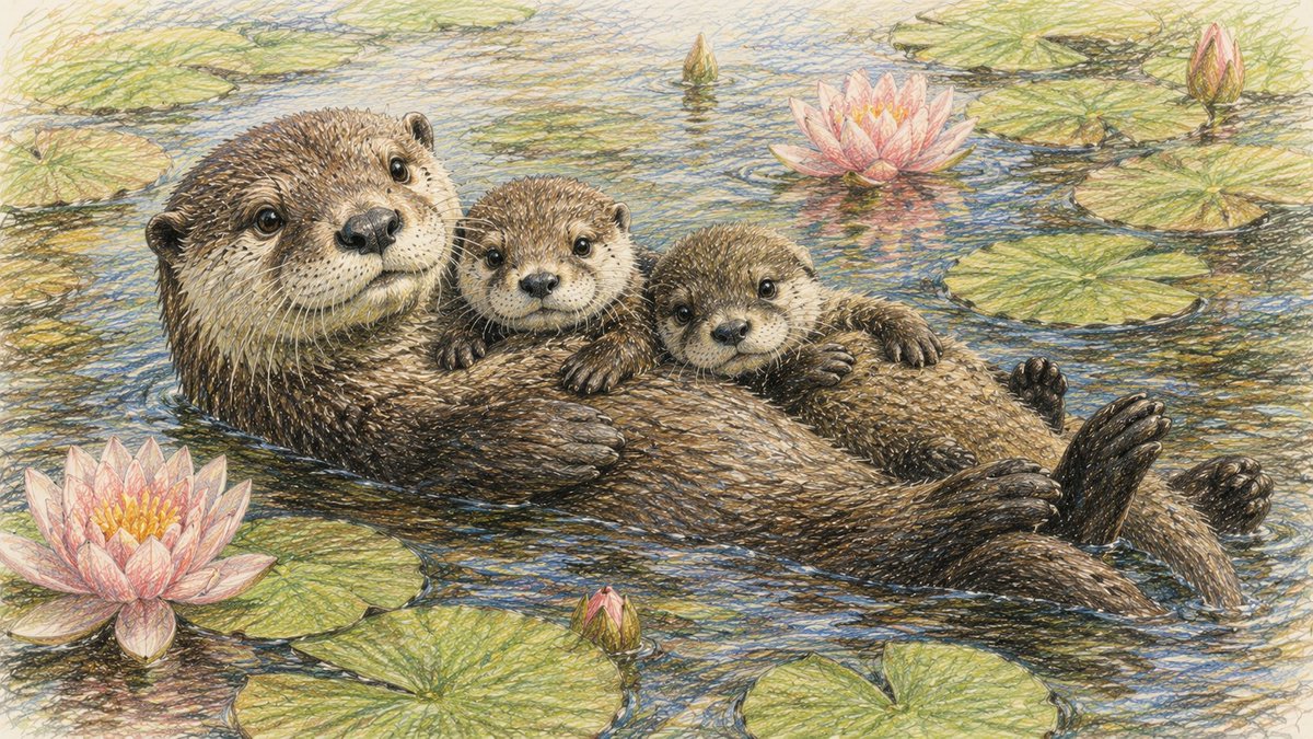 Otter Family Lily Pond Illustration