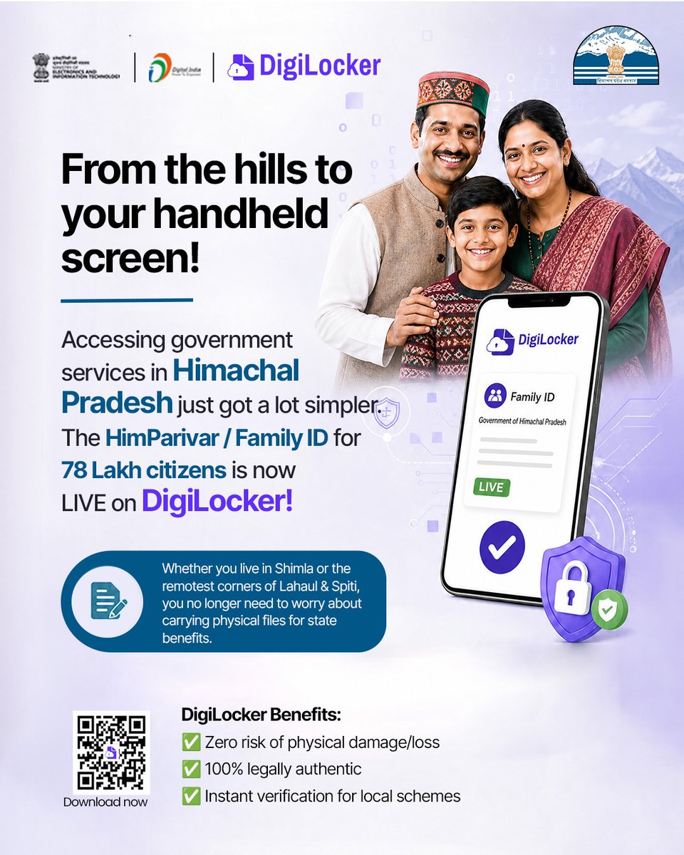 digilocker_ind's tweet photo. From the hills of Himachal Pradesh to your handheld screen, accessing government services is now easier than ever!

The HimParivar / Family ID for over 78 lakh citizens is now available on DigiLocker, enabling residents to securely access their family identity documents anytime, anywhere.
Download DigiLocker today and experience seamless, paperless governance at your fingertips.

#DigiLocker #DigitalIndia #HimachalPradesh #HimParivar #FamilyID #PaperlessGovernance #DigitalTransformation #CitizenServices