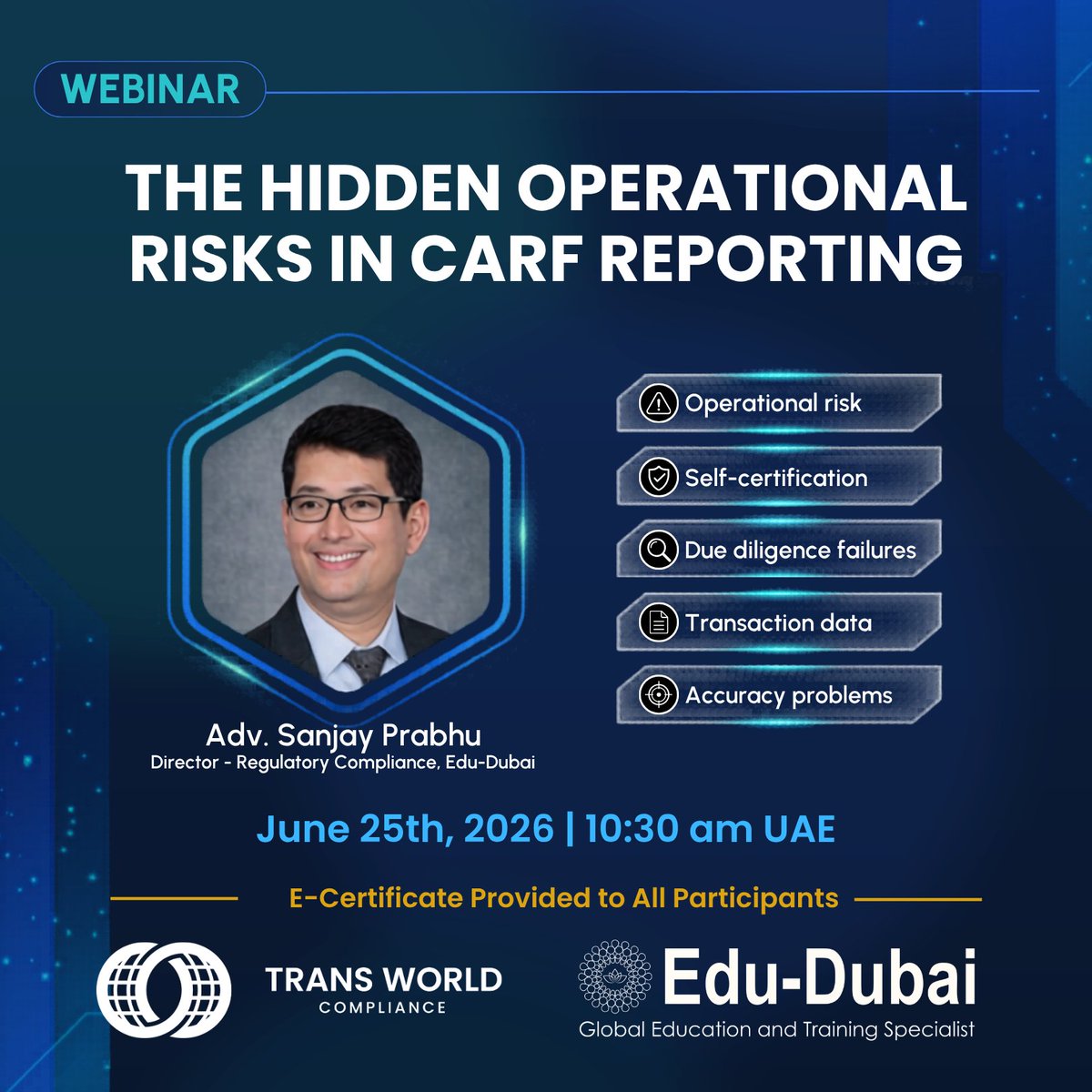 TransWorldComp's tweet photo. One week until our joint webinar with Edu-Dubai; the agenda covers:
→ Self-certification and due diligence failures
→ Transaction-level reporting and data accuracy
→ CARF / CRS / FATCA governance overlaps

https://t.co/oLVPK6w5A1

#CARF #OperationalRisk #Compliance #AEOI #CRS https://t.co/4RdPgydQr2