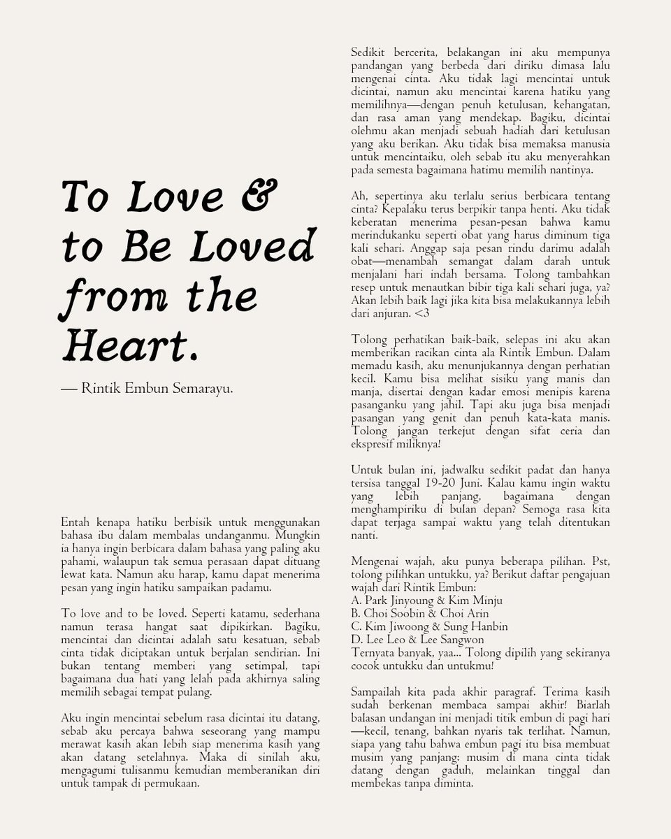 SuakaTemaram's tweet photo. @bermuara_sayang ㅤ
Good day, dearest one. Please read these words at your own pace. Should they find a place in your heart, and should you wish to embark upon this story with me, you're warmly invited to contact @moonsthella. Thank you and have a lovely day! 🦢
ㅤ
(https://t.co/n29EZHNfk5) https://t.co/XnaO8iIp2o