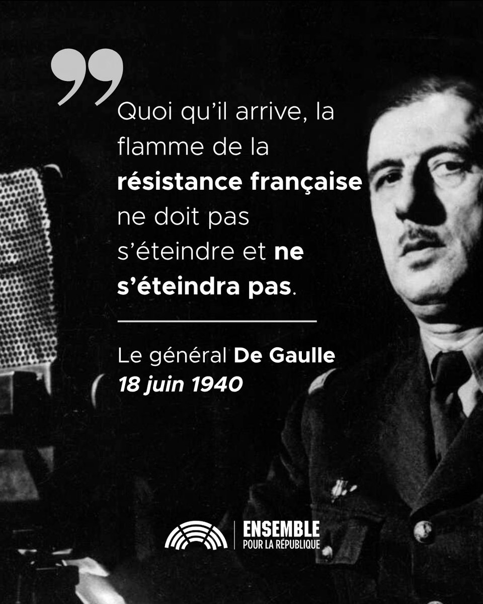 DeputesEnsemble's tweet photo. Le 18 juin 1940, depuis Londres, le général de Gaulle appelait à résister.

86 ans plus tard, la République a encore besoin de celles et ceux qui refusent de baisser les bras. 🇫🇷 https://t.co/wlgr3RKcVb