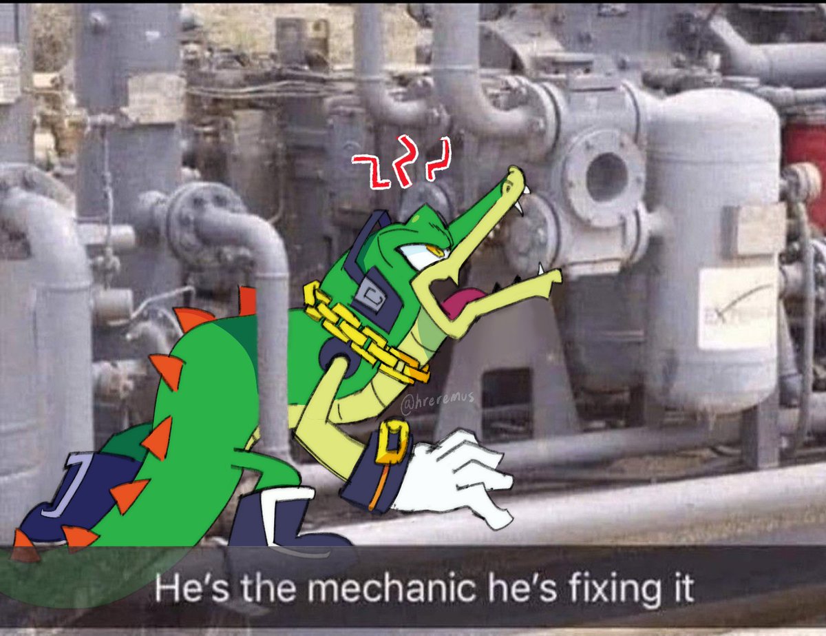hreremus's tweet photo. dont ask him how he got there #teamchaotix #vectorthecrocodile #sonicthehedgehogart https://t.co/9raKSOdEiU
