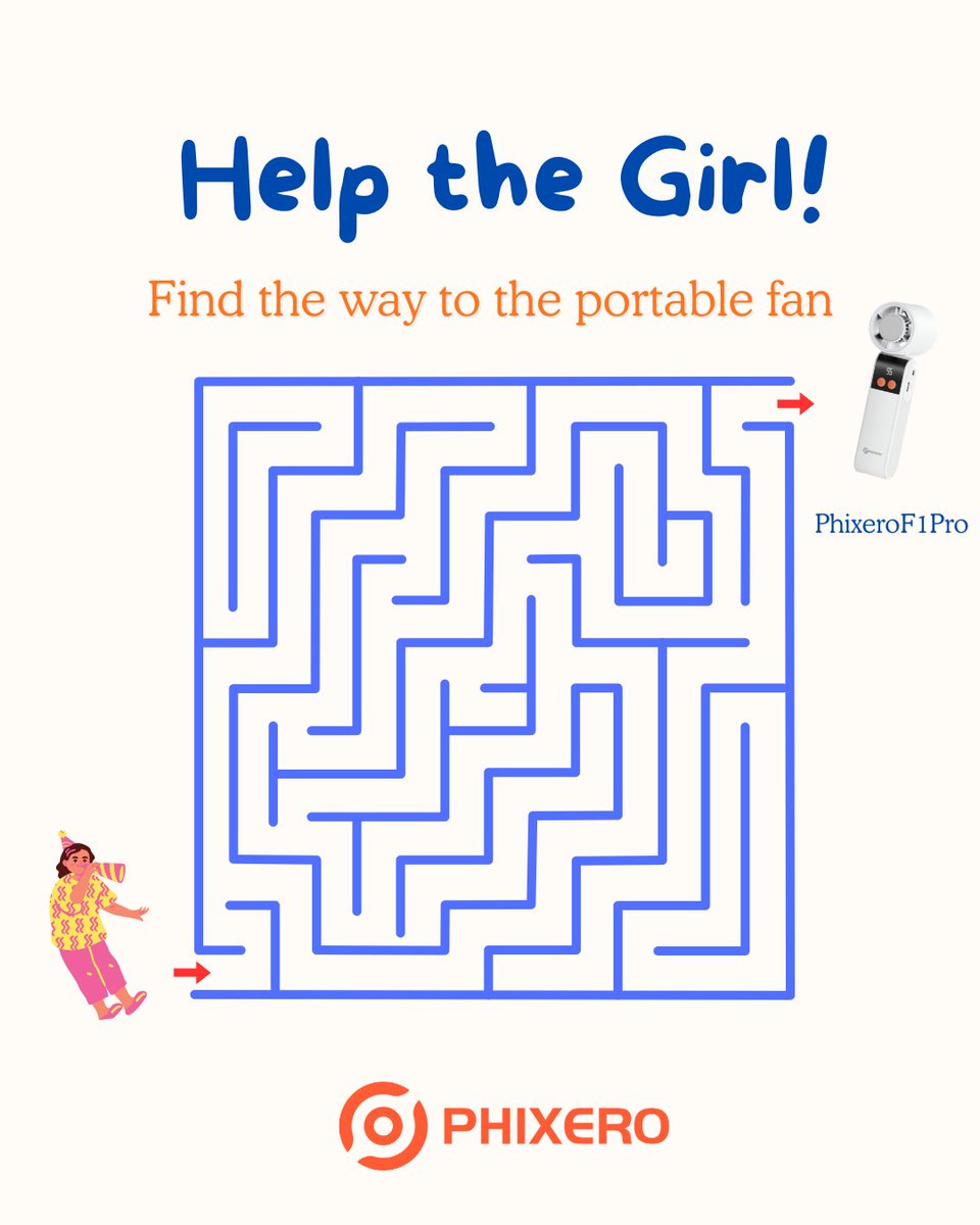 PHIXERO_'s tweet photo. 🌀 Maze Challenge Time!

Can you help the girl find her way to the PHIXERO F1 Pro? 👀

Drop a ✅ if you've found the correct path and tell us how fast you solved it! ⏱️

#PHIXERO #MazeChallenge #PuzzleTime #PortableFan #F1Pro #TechLifestyle https://t.co/p66kBbXO1u