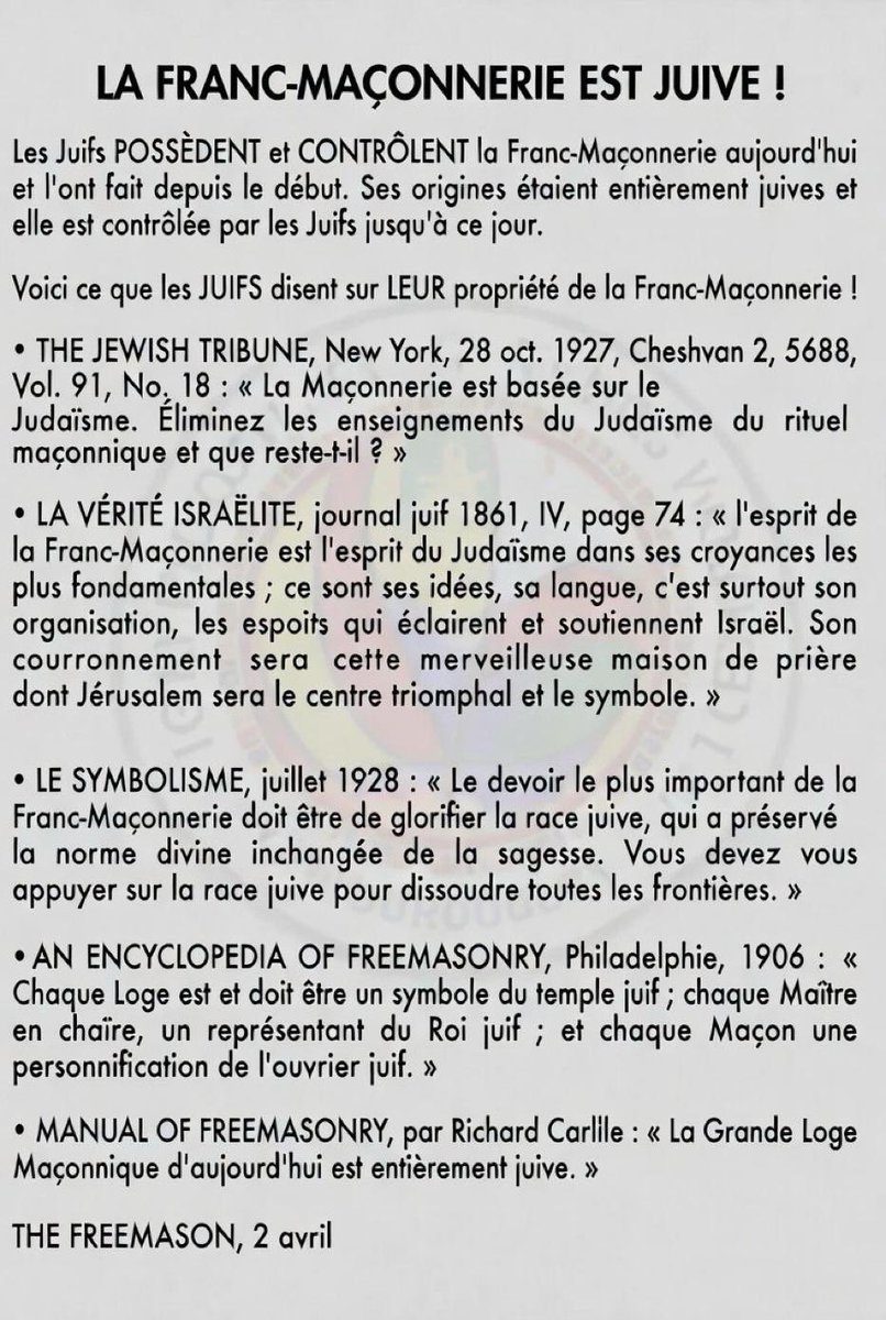 Untel667's tweet photo. 🧱 Rappel historique pour ceux qui sortent de leur grotte 🧱

LA FRANC-MAÇONNERIE EST JUIVE !
Les Juifs la possèdent et la contrôlent depuis l’origine.

Preuves par eux-mêmes :
•  Jewish Tribune (NY, 1927) : « La Maçonnerie est basée sur le Judaïsme. Enlevez le Judaïsme… que reste-t-il ? » Source https://t.co/nYqhjaJcTJ 

•  La Vérité Israélite (1861) : « L’esprit de la Franc-Maçonnerie est l’esprit du Judaïsme… son couronnement sera Jérusalem. » Source https://t.co/jhn8OH0Lko 

•  Encyclopedia of Freemasonry (1906) : « Chaque Loge = symbole du temple juif, chaque Maçon = ouvrier juif. » Source https://t.co/mi8fBfd8u5 

Ce sont leurs propres mots.
Bienvenue en 2026. La grotte, c’est fini.