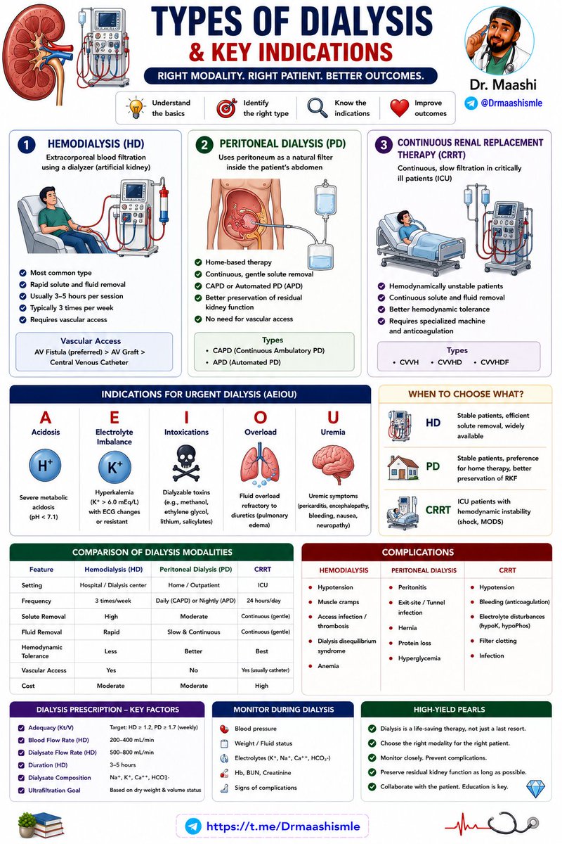o_o_dr's tweet photo. Dialysis is not one treatment—it comes in different forms, each designed for a different patient 🩺🩸

📌 Hemodialysis (HD)
📌 Peritoneal Dialysis (PD)
📌 Continuous Renal Replacement Therapy (CRRT)

Knowing the differences is high-yield for both exams and clinical practice.

🏥 HD → Fast and efficient solute removal
🏠 PD → Home-based and gentle fluid shifts
🚨 CRRT → Preferred for unstable ICU patients

Remember the classic AEIOU indications:

🩸 Acidosis
⚡ Electrolyte abnormalities
☠️ Intoxications
💧 Overload
🧠 Uremia

Choose the right modality for the right patient at the right time.

A practical review of dialysis types, indications, complications, vascular access, and high-yield nephrology pearls 📚

https://t.co/1dSdJ0pv1C