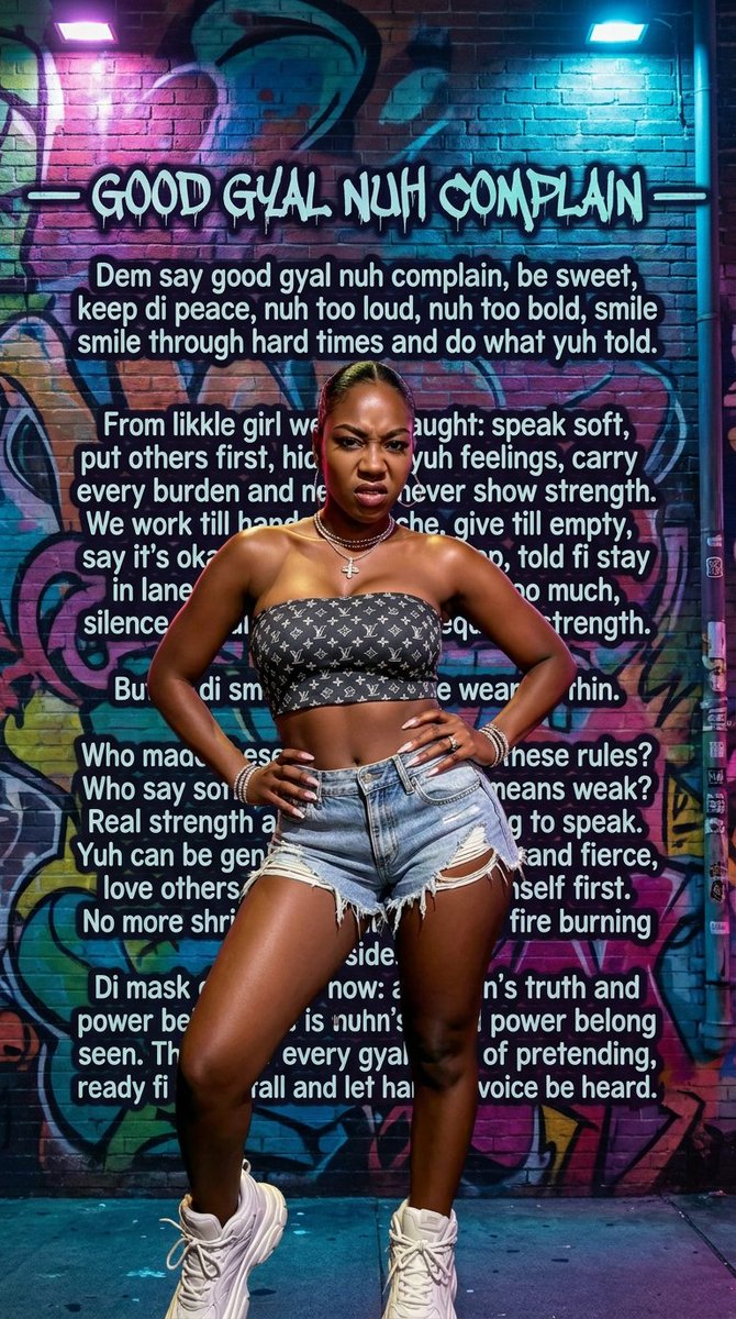 Frisk960's tweet photo. Di mask come off now: a woman’s truth an’ power belong to she. Nuh more pretending, every gyal deserve fi be seen. Ready fi stand tall an’ let har voice be HEARD. https://t.co/JtgDGZJk3J
