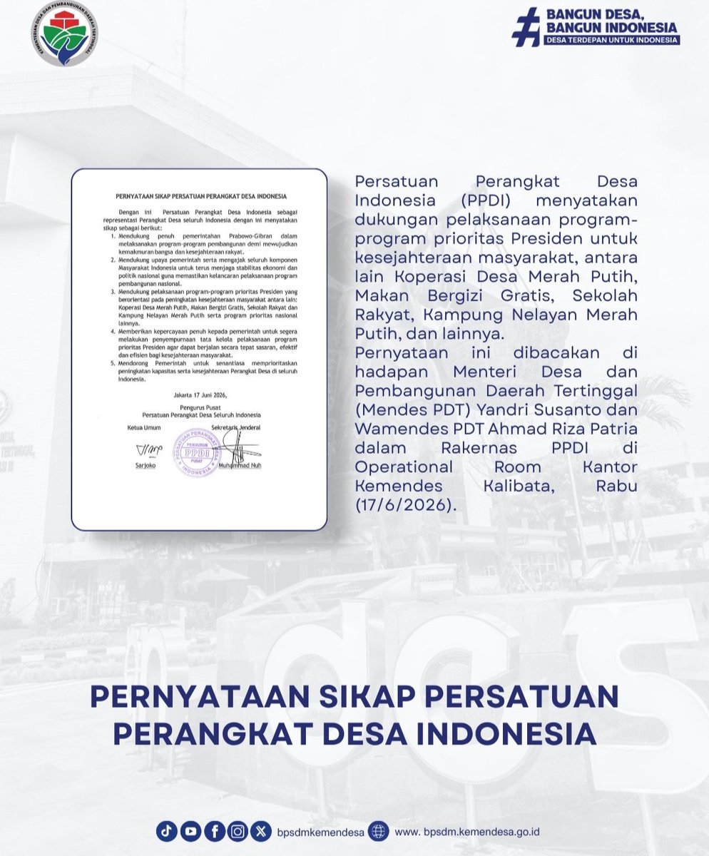 fr12475's tweet photo. Menteri Desa PDT @YandriSusanto , menyambut positif deklarasi Perangkat Desa mendukungan Program KDMP dan MBG, karena menyasar langsung ke masyarakat, dalam Rakernas PPDI di Operational Room Kantor Kemendesa PDT Kalibata, Rabu (17/6/2026).

#KDMPdanMBGProgramStrategis https://t.co/PxeqA3O6mj