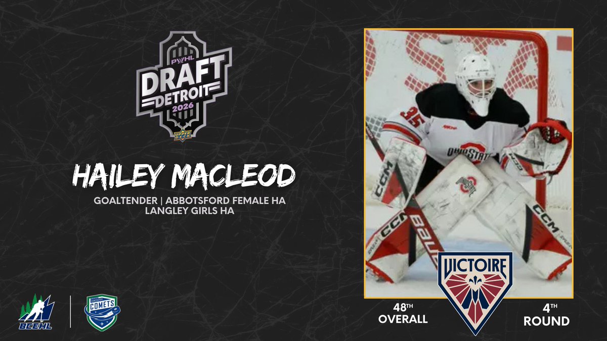 BCEHL's tweet photo. Congratulations to Hailey MacLeod on being selected by the @PWHL_Montreal with the 48th overall pick in the 2026 @thepwhlofficial Draft!

@GVComets_aaa https://t.co/ghWXyxkIdx