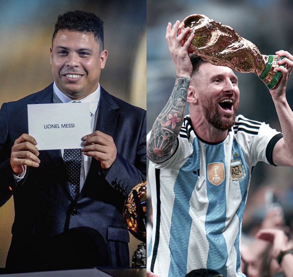 M10GOAT's tweet photo. رونالدو نازاريو: 

"أعتقد أنه إذا كان هناك شخص يستحق أن يتجاوز هذا الرقم ويحمل لقب الهدّاف التاريخي لجميع نسخ كأس العالم، فهو ميسي، أراه الشخص المثالي ليكون في هذا المكان." 🐐