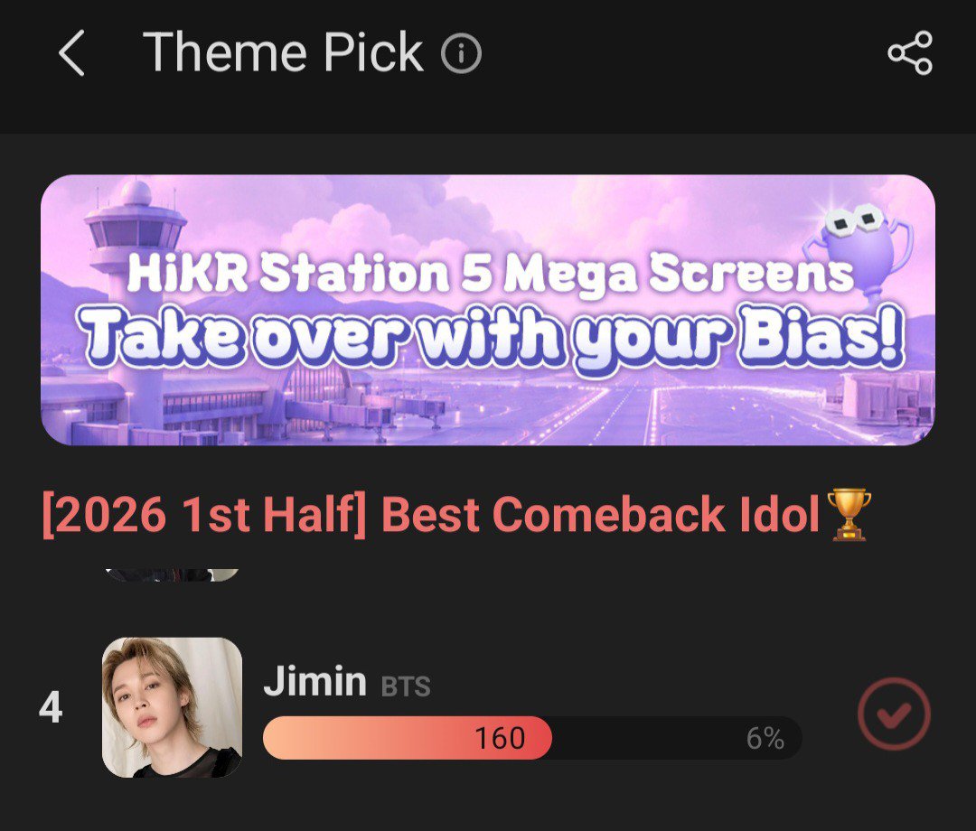 voteforpjm2's tweet photo. 🗳CHOEAEDOL ThemePick
[2026 1st Half] Best Comeback 
📌https://t.co/wlu5kasKtU

Please vote for Jimin here! Let's aim to secure this amazing advertisement reward! You can get 2 voting rights by watching the video vote. Please use all your CHOEAEDOL accts share to encourage more participants.. Let's bring Jimin to the #1 spot! 

1st Place Reward: 5HKR Station Screens at Incheon Airport