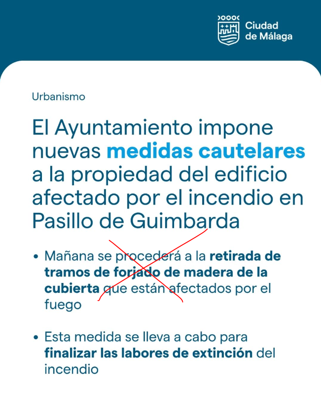 encierrobombmlg's tweet photo. Pues no, no se procedió ayer a la retirada de tramos de forjado tras 'imponer' @malaga nuevas medidas cautelares.

Con un poco de 'esfuerzo municipal' llegaremos a cumplir un mes con un incendio activo en un edificio de la capital.

Ánimo @pacodelatorrep ¡a  por las 5 estrellas! https://t.co/PRHfntjwlJ
