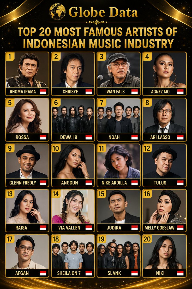 data_globe's tweet photo. 🎵🇮🇩 Top 20 Most Famous Artists of the Indonesian Music Industry

🇮🇩 Rhoma Irama
🇮🇩 Chrisye
🇮🇩 Iwan Fals
🇮🇩 Agnez Mo
🇮🇩 Rossa
🇮🇩 Dewa 19
🇮🇩 Noah
🇮🇩 Ari Lasso
🇮🇩 Glenn Fredly
🇮🇩 Anggun
🇮🇩 Nike Ardilla
🇮🇩 Tulus
🇮🇩 Raisa
🇮🇩 Via Vallen
🇮🇩 Judika
🇮🇩 Melly Goeslaw
🇮🇩 Afgan
🇮🇩 Sheila on 7
🇮🇩 Slank
🇮🇩 NIKI