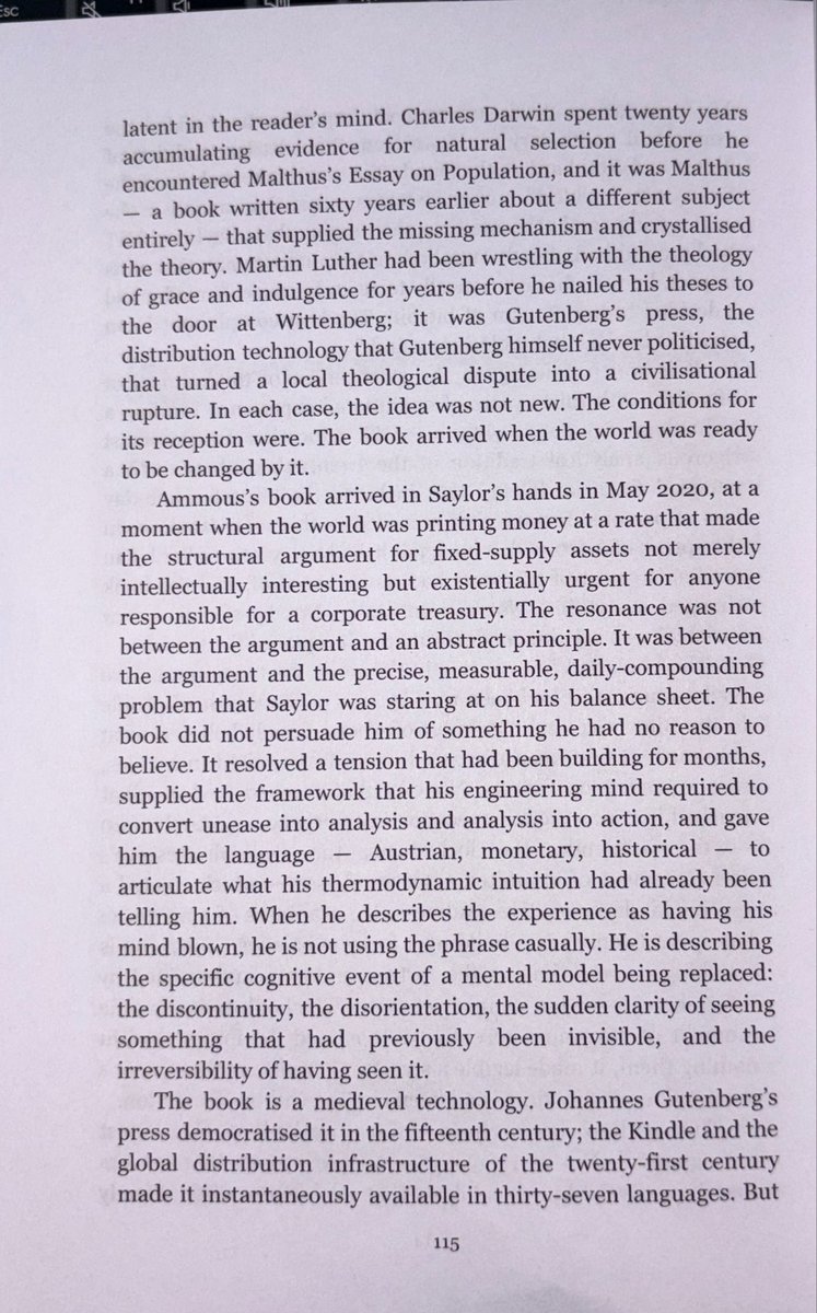sciencetao's tweet photo. The hardest thing may be surviving long enough — but Saylor also needed the framework to recognise the moment when it arrived.

@saifedean’s The Bitcoin Standard gave him that in May 2020. A century-long argument in monetary theory, arriving at the moment of maximum receptivity.

This is how consequential books have always worked. And why they still matter.

@saifedean @Waterstones @BarnesandNoble @amazon