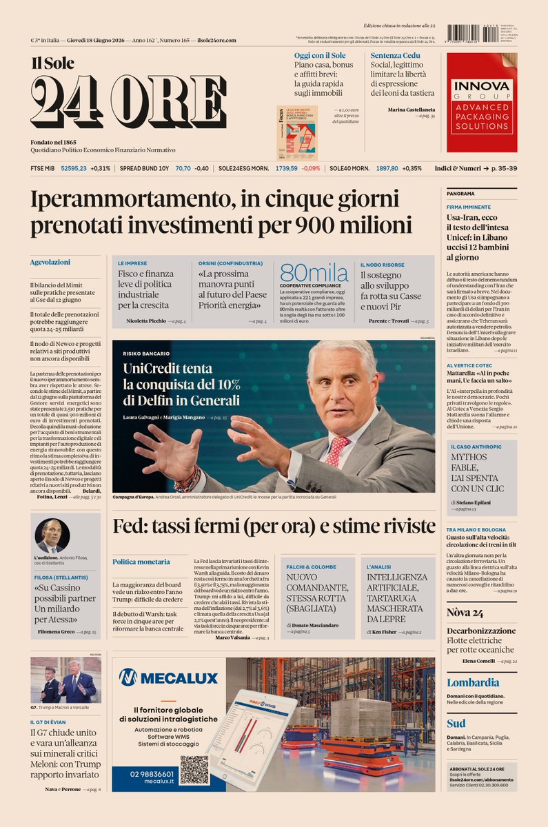 sole24ore's tweet photo. Sulla prima pagina de #IlSole24Ore di oggi, giovedì #18giugno. #Iperammortamento, in cinque giorni prenotati investimenti per 900 milioni. #Fed: tassi fermi (per ora) e stime riviste. Il #G7 chiude unito e vara un'alleanza sui minerali critici.

#BuonaLettura #PrimaPagina https://t.co/9HnmZ072Sn