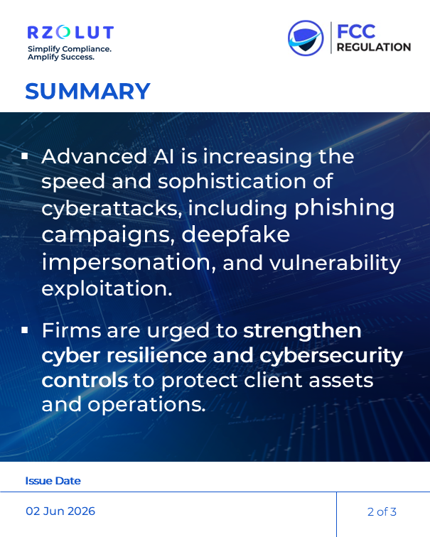 RzolutL's tweet photo. On June 2, 2026, #SFC of Hong Kong issued a circular urging licensed corporations, SFC-licensed #virtualasset service providers, &amp; associated entities to strengthen their #cybersecurity measures against increasingly sophisticated AI-enabled #cyberattacks.

#Compliance #AI #AML https://t.co/Tf42xYHeKQ