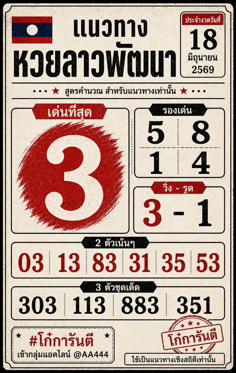 KKohae47209's tweet photo. แนวทางหวยลาววันนี้ 18 มิถุนายน 2569 คัดให้แบบเน้น ๆ เอาไว้ตามดูและคุยกัน

เด่นหลัก 👉 3
เลขรอง 👉 5 8 1 4
เลขเสริม 👉 0

🎯 2 ตัวคัดเน้น: 03 13 83 31 35 53
💎 3 ตัวคัดเน้น: 303 113 883 351
กันเบิ้ล 👉 33 11

ข้อมูลนี้เป็นแนวทางเชิงสถิติเท่านั้น ไม่การันตีผล ใครชอบชุดไหนคอมเมนต์มาชนกันได้ ขอให้เฮง ๆ ครับ

#โก๋การันตี
#huayOK #หวยโอเค #หวยลาวพัฒนา #หวยลาววันนี้ #หวยลาว #แนวทางหวยลาวพัฒนา #ลาวพัฒนา