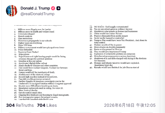 aberiaQ's tweet photo. トランプ大統領の投稿

マイケル・サベージより

もしカマラが勝利していたら、次のような事態になっていたでしょう：

1.国境を越えて流入する不法移民がさらに数百万人も増加
2.医療・福祉詐欺による被害額がさらに数十億も増加
3.犯罪者の釈放
4.言論統制
5.銃規制
6.学校でのトランスジェンダー・プロパガンダの拡大
7.あらゆるものへの増税
8.DEI（多様性・公平性・包摂性）を重視した採用の増加
9.軍への志願者数がさらに激減
10.警察への予算削減
11.最高裁判事の増員
12.賠償金の��払い
13.共和党員や右派の人々は、政治的見解を理由に刑事訴追に直面することになる
14.ガソリン価格が1ガロンあたり10ドルに
15.デジタルドルの導入が加速
16.ウクライナやその他の国々への無制限の資金提供
17.イランは核兵器を保有することになる。イスラエルとイランの間の
核戦争。
18. ハマスは依然として「死の商人」であり続ける。
19. 選挙人団制度の廃止
20. 殺人件数が過去最低ではなく、過去最高を記録する。
21. 平和的な「プロライフ」デモ参加者が逮捕される。
22. 議会の承認なしに条約を締結し、米国の主権を
選出されていない国連へさらに移譲
23. さらに6万人のIRS職員が各戸を訪問。
24. 全国的な郵便投票の義務化。有権者IDなし。
25. フェンタニルによる死亡者が増加。
26. カルテルが小都市を支配
27. 不法移民へのメディケアと住宅の無償提供が継続。
28. 受刑者への無料の性転換手術。
29. 低予算のカナダ式医療制度
30. プエルトリコとワシントンD.C.の州昇格。
31.マスク着用と社会的距離の確保が復活していた。ロックダウンも。
https://t.co/pWJr7v6lUV（移民・関税執行局）― 予算削減と解散
33.連邦政府による後期中絶への資金提供
34.MAHA（マハ法）なし ― 食品供給が汚染されていた
35.未実現利益に対する普通所得としての課税
36.住宅および事業所へのソーラーパネル設置の義務化
https://t.co/XJoLhSzs8hが台湾を併合していた
38.公共の場での祈り���禁止される
39.ソーシャルメディアが禁止または規制される
40.「タンポン・ティム」が副大統領になっていただろう……そして
完全な支配に一歩近づく
41.マドゥロは依然として権力の座にいただろう
42.ユダヤ人コミュニティへの攻撃が増加
ウクライナへの地上部隊派遣
43.トランプは投獄されていただろう
44.キャンパスでの反ユダヤ主義的な抗議活動が爆発的に広がる
45.全米各地でホームレスの野営地がさらに増加する³
46.X（旧Twitter）が閉鎖され、イーロン・マスクはロシアのために
選挙操作を図ったとして起訴される。
47.モスクやイスラム教による支配が爆発的に拡大していただろう。
48.ヒジャブ着用義務の日が設けられる。
49.カマラ・ハリスは、オバマが始めた仕事を完遂していただろう