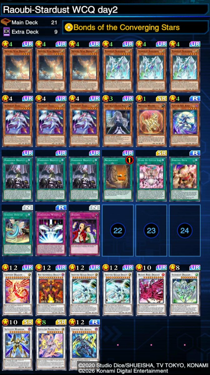 Raoubi_'s tweet photo. WCQ 2026 73rd Place🥈

Really happy with the final result especially since I barely had time to practice before the event

Day 1: didn't play much, kept switching between Stardust and Destiny HERO, Ended at 7k DP

Day 2: focused on small Stardust version for 3 draws to guarantee wins with Droplet or Discord. The small list was crucial for drawing Droplet going second, which was the only real way to win the mirror. Ended at 27k DP

Day 3: The meta kept changing rapidly. Destiny HERO and Therion became much more widespread than the first two days, meaning we could no longer just rely on going first every time like in the mirror. Adding Book of Eclipse was the perfect adjustment, ending the day at 39k DP

Big thanks to my friends
@Fullmodenex @Lazy_tachii
@Juanito_936 @MParadoXyt 
for all the testing, discussions, and support during the event