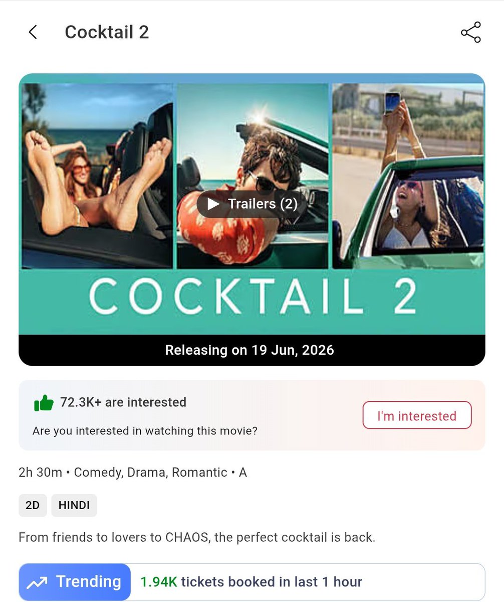 BagDiku's tweet photo. My last vetric for the film,if positive word of mouth spread on the ground level this movie surely attract tire 1 cities people &amp; college going audience🙏
#Cocktail2 #ShahidKapoor #KritiSanon #RashmikaMandanna #WelcometotheJungle #Alpha #AlphaTrailer #Dhamaal4 #King #Batwara1947 https://t.co/tOVc60iDUT