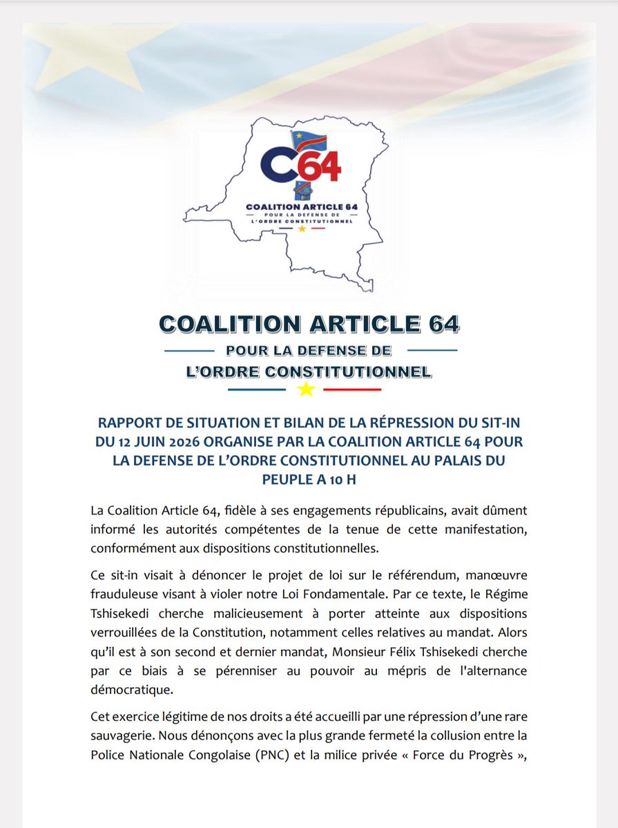 StanysBujakera's tweet photo. #RDC: La Coalition Article 64 a fait état mercredi de 2 morts, 552 blessés, 27 disparus et 29 arrestations lors de la répression du sit-in organisé le 12 juin devant le Palais du Peuple à Kinshasa. 

Dans un rapport de situation, la coalition d'opposition dénonce la collusion alléguée entre la Police nationale congolaise (PNC) et la milice « Force du Progrès », qu'elle accuse d'avoir utilisé bombes à fragmentation, armes à feu et machettes contre les manifestants.