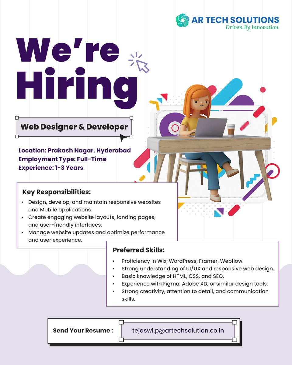 artechsolutions's tweet photo. HIRING: WEB DESIGNER &amp; DEVELOPER

📍 Hyderabad | On-Site
💼 Full-Time | 1–3 Yrs Exp

Join @artechsolutions  and build amazing websites.

📩 CV: tejaswi.p@artechsolution.co.in

⚡ Apply Today!

#HiringNow #WebDesigner #WebDeveloper #ARTechSolutions #ApplyNow https://t.co/hiWTS295BG