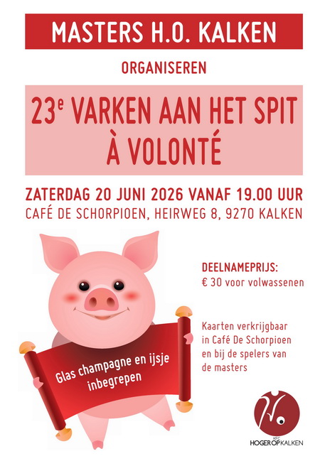 HOKalken's tweet photo. Nu zaterdag organiseren de masters van HO Kalken hun jaarlijkse varken aan het spit, bij onze partner Cafe De Schorpioen. Deze lekkernij is telkens weer een schot in de roos. Er zijn nog enkele plaatsen vrij. Wees er dus als de kippen bij om je in te schrijven. 🔴⚪️ https://t.co/cM2NZNkKeD