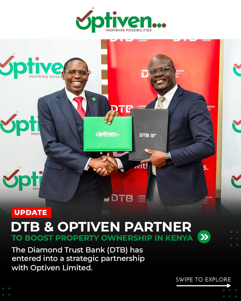 georgeoptiven's tweet photo. 𝐘𝐨𝐮𝐫 𝐩𝐚𝐭𝐡 𝐭𝐨 𝐩𝐫𝐨𝐩𝐞𝐫𝐭𝐲 𝐨𝐰𝐧𝐞𝐫𝐬𝐡𝐢𝐩 𝐣𝐮𝐬𝐭 𝐠𝐨𝐭 𝐬𝐦𝐨𝐨𝐭𝐡𝐞𝐫.

I'm proud to announce our strategic partnership with Diamond Trust Bank @DTBKenya  — bringing you flexible, affordable financing to own land with Optiven. https://t.co/l8jhHWzC35