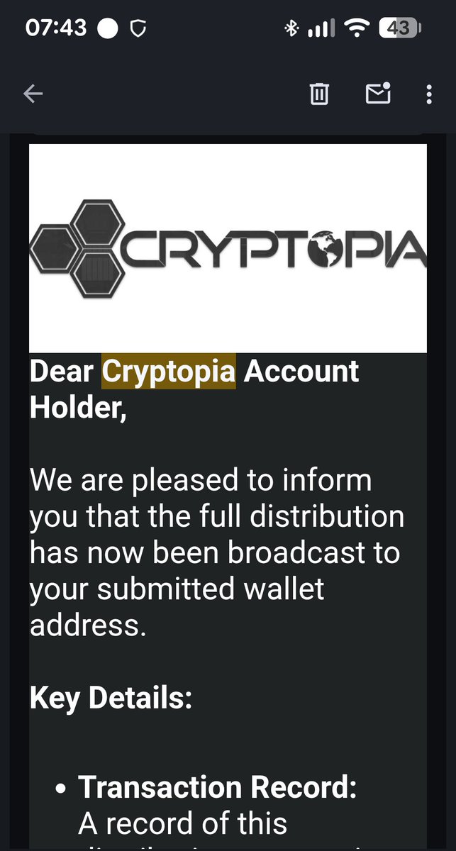 ZugSoftware's tweet photo. After a 7-year wait, I finally received my #Cryptopia token balance.
#bitcoin #hacking https://t.co/A2skl766Yc