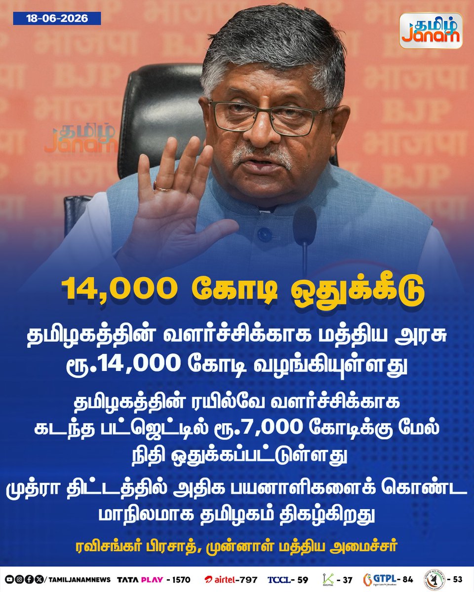 TamilJanamNews's tweet photo. 14,000 கோடி ஒதுக்கீடு
#TamilJanam | #CentralGovernment | #TamilNadu | #Railways | #MudraScheme | #RaviShankarPrasad | #UnionMinister | #NewsUpdates https://t.co/nVuA3md3o3