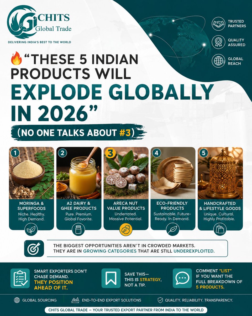 chits_global's tweet photo. 🔥 Most exporters are looking in the wrong place.

The biggest export opportunities in 2026 won't come from overcrowded categories.

Smart exporters are focusing on:
✅ Niche Agri products
✅ Value-added foods
✅ Sustainable materials
✅ Specialty pharma
✅ Premium handicrafts https://t.co/8NyPsJ3ukV