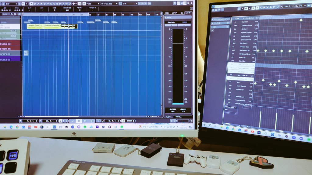akira____0823's tweet photo. 久々オケ作り～🎵

打ち込みパートはめんどくさいけどやれば終わる
ベースは問題なし
ギターが弾けるか微妙…
最後にギター録りする予定だけど弾けなかったら前半の作業が水の泡になる😂
けど作り始めちゃったからもう止まりません https://t.co/90pKCZ77Er