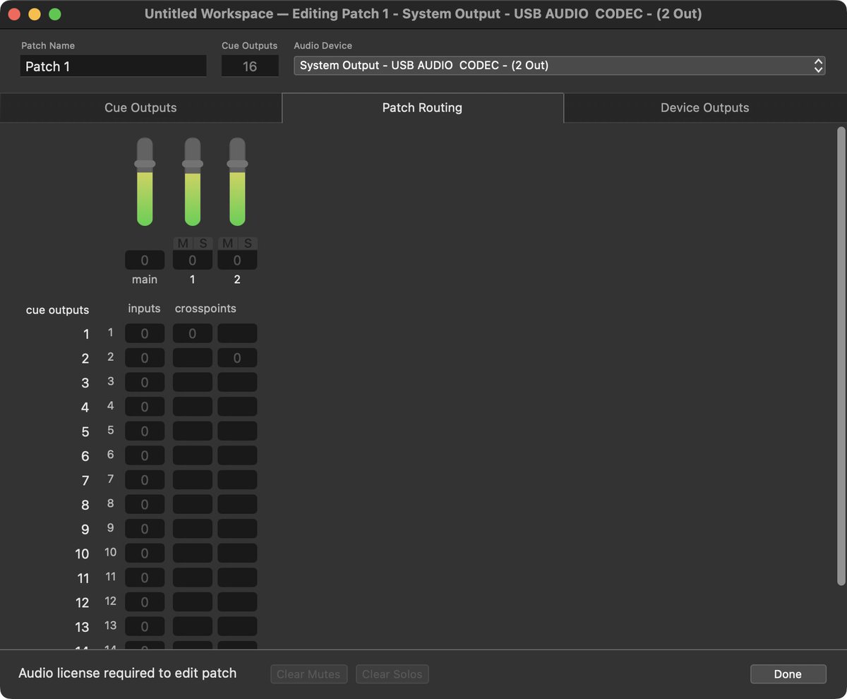 dannax's tweet photo. QLab5.6.1でこれはありがたいって機能 
Patch Routingでレベルメーターが見えるようになった
MIDI TRIGGER などで Velocity の値を削除すると any 扱いになった https://t.co/vx8bTyodZ8